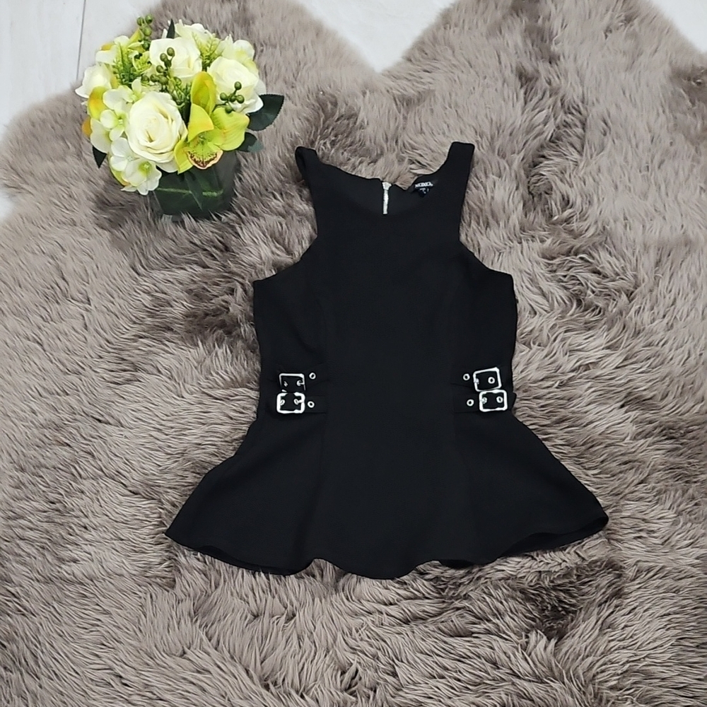 Black Sleeveless Top with Buckle Accents